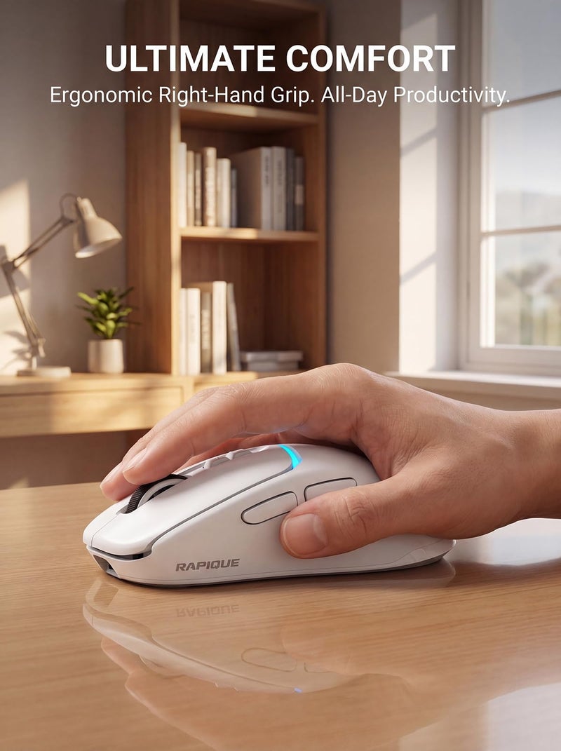 RAPIQUE Wireless Mouse for Laptop, Dual Bluetooth & 2.4G, Multi-Device for 3 Devices, USB-C Rechargeable, Quiet Click, 4 DPI Levels up to 3200, Ergonomic Right-Hand Mouse for MacBook, PC - White - Image 4