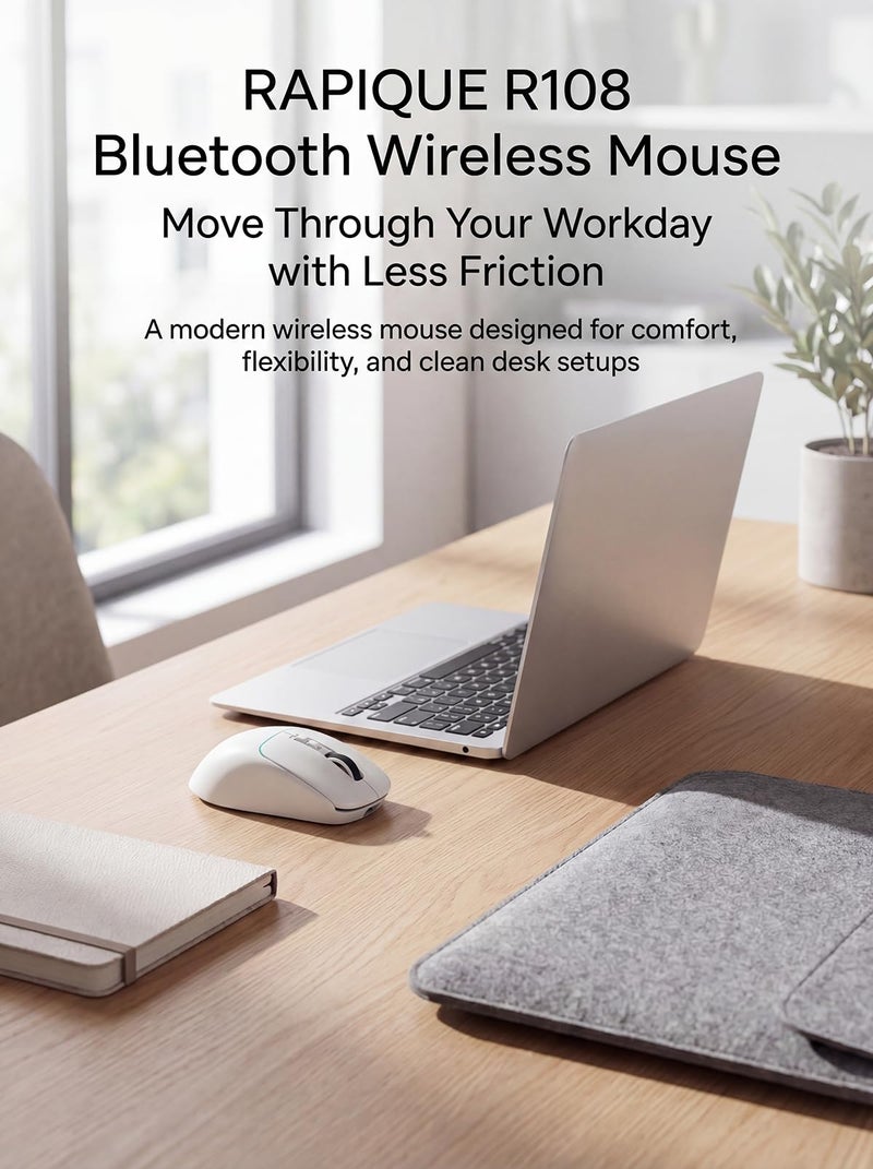 RAPIQUE Wireless Mouse for Laptop, Dual Bluetooth & 2.4G, Multi-Device for 3 Devices, USB-C Rechargeable, Quiet Click, 4 DPI Levels up to 3200, Ergonomic Right-Hand Mouse for MacBook, PC - White - Image 2