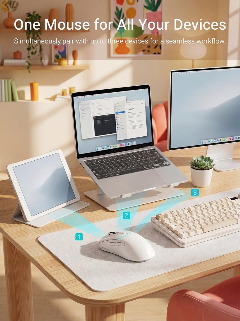 RAPIQUE Wireless Mouse for Laptop, Dual Bluetooth & 2.4G, Multi-Device for 3 Devices, USB-C Rechargeable, Quiet Click, 4 DPI Levels up to 3200, Ergonomic Right-Hand Mouse for MacBook, PC - White - Image 3
