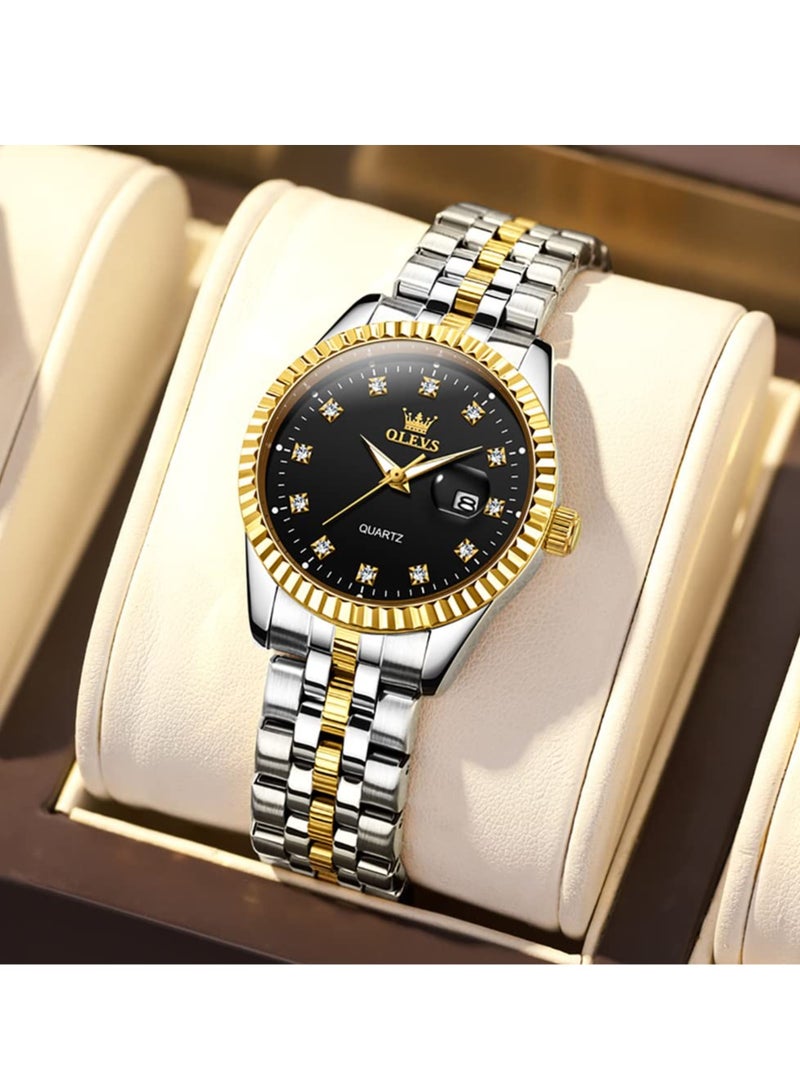 أوليفز ساعة OLEVS نسائية فاخرة مرصعة بالألماس، ساعة نسائية تناظرية كوارتز مقاومة للماء مع تاريخ وتاريخ، ساعة من الفولاذ المقاوم للصدأ - Image 1