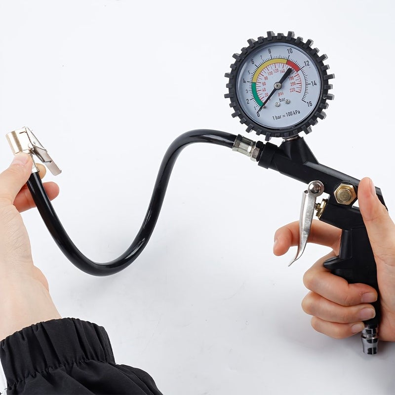 3 In 1 Multifunctional Tire Tool With Raw Material Belt Tire Pressure Gauge Inflator Kit 0 to 220 PSI Air Chuck Rubber Hose For Cars Trucks Bicycles Motorcycles Inflate Deflate Check Tire Pressure - Image 4