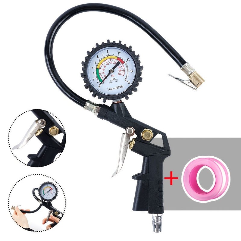 3 In 1 Multifunctional Tire Tool With Raw Material Belt Tire Pressure Gauge Inflator Kit 0 to 220 PSI Air Chuck Rubber Hose For Cars Trucks Bicycles Motorcycles Inflate Deflate Check Tire Pressure - Image 1