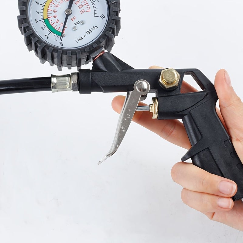 3 In 1 Multifunctional Tire Tool With Raw Material Belt Tire Pressure Gauge Inflator Kit 0 to 220 PSI Air Chuck Rubber Hose For Cars Trucks Bicycles Motorcycles Inflate Deflate Check Tire Pressure - Image 5