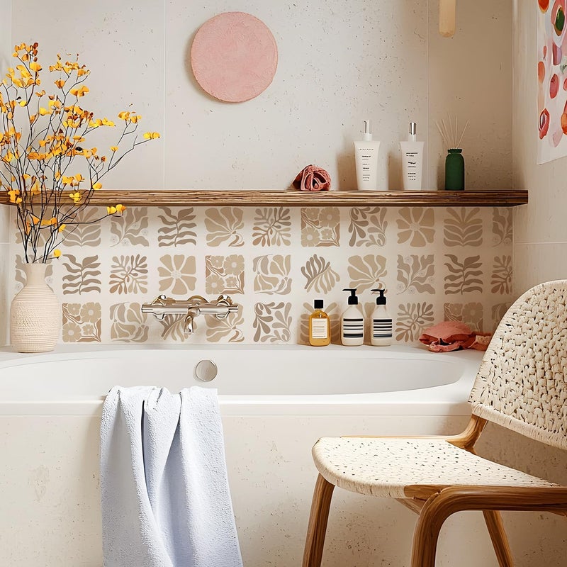 Alwayspon Self-Adhesive Vinyl Wall Tile Stickers, 10Pcs 20cm/8inch Peel and Stick on Tiles Transfer Vinyl Flooring Waterproof Splashback for Kitchen Bathroom, Brown Floral - Image 3