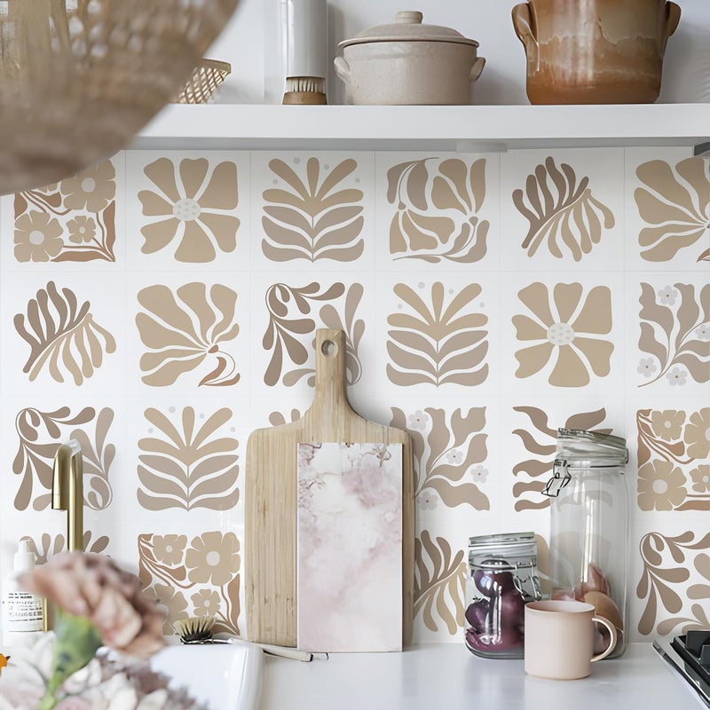 Alwayspon Self-Adhesive Vinyl Wall Tile Stickers, 10Pcs 20cm/8inch Peel and Stick on Tiles Transfer Vinyl Flooring Waterproof Splashback for Kitchen Bathroom, Brown Floral - Image 5