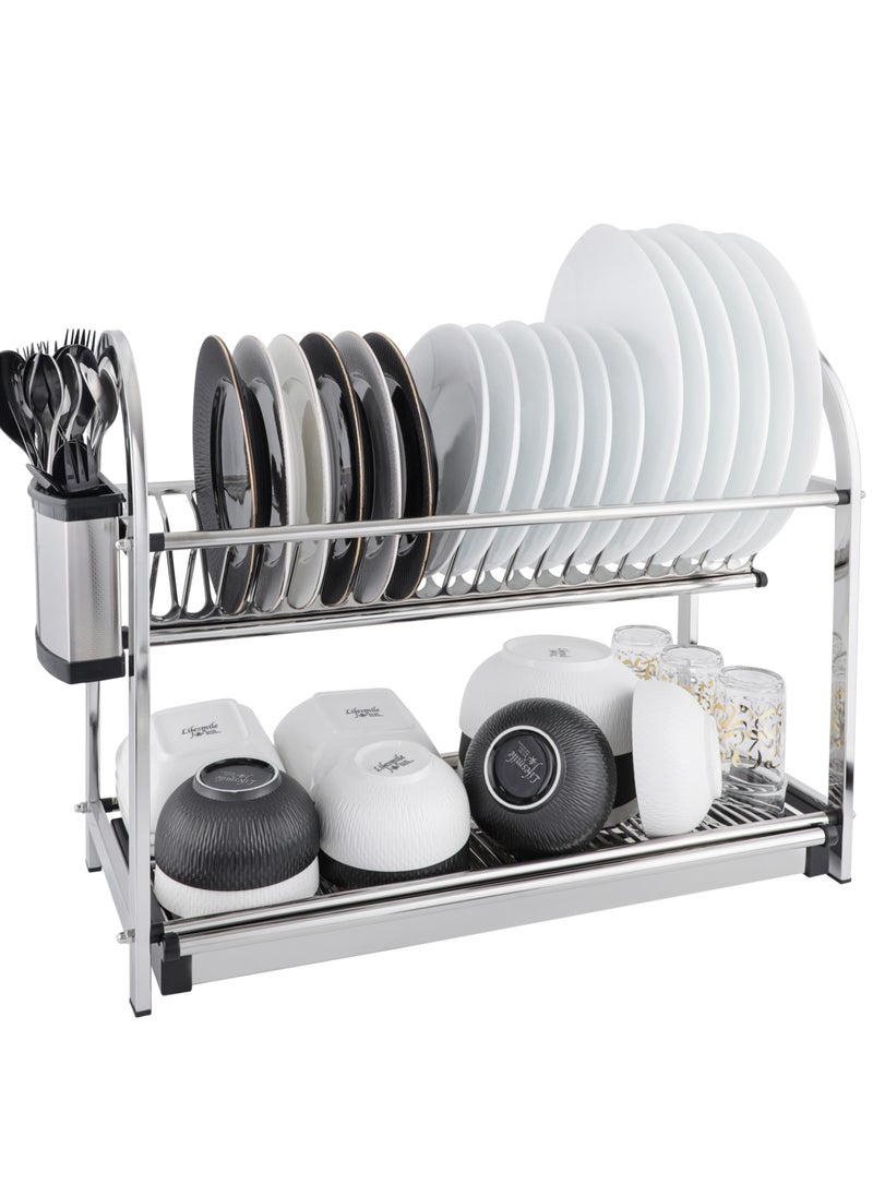 Life Smile - LIFE SMILE Dish Rack - 2 Tier Countertop Dish Drying Stand With Removable Drip Tray - 18/10 Stainless Steel with Removable Utensil Holder - Anti Slip and Rust Proof Dish Drainer - Image 1