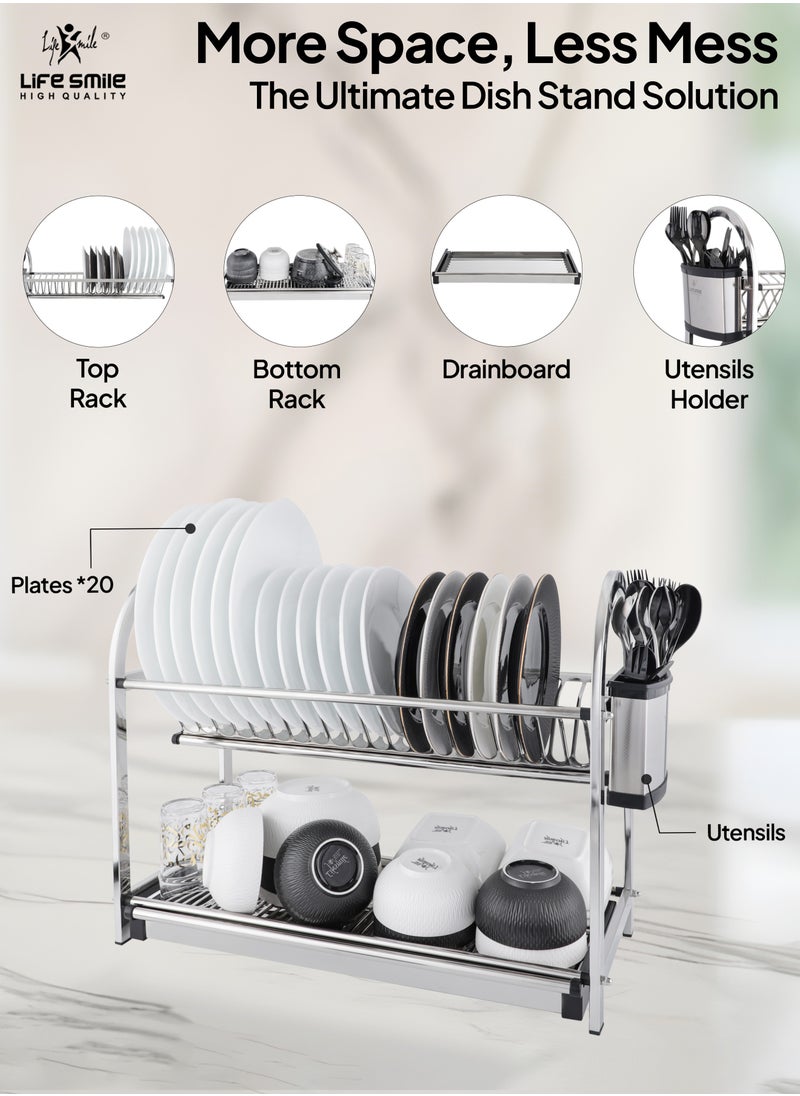 Life Smile - LIFE SMILE Dish Rack - 2 Tier Countertop Dish Drying Stand With Removable Drip Tray - 18/10 Stainless Steel with Removable Utensil Holder - Anti Slip and Rust Proof Dish Drainer - Image 1