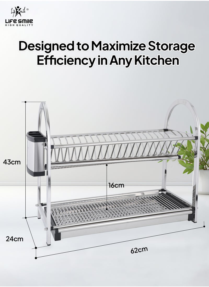 Life Smile - LIFE SMILE Dish Rack - 2 Tier Countertop Dish Drying Stand With Removable Drip Tray - 18/10 Stainless Steel with Removable Utensil Holder - Anti Slip and Rust Proof Dish Drainer - Image 1