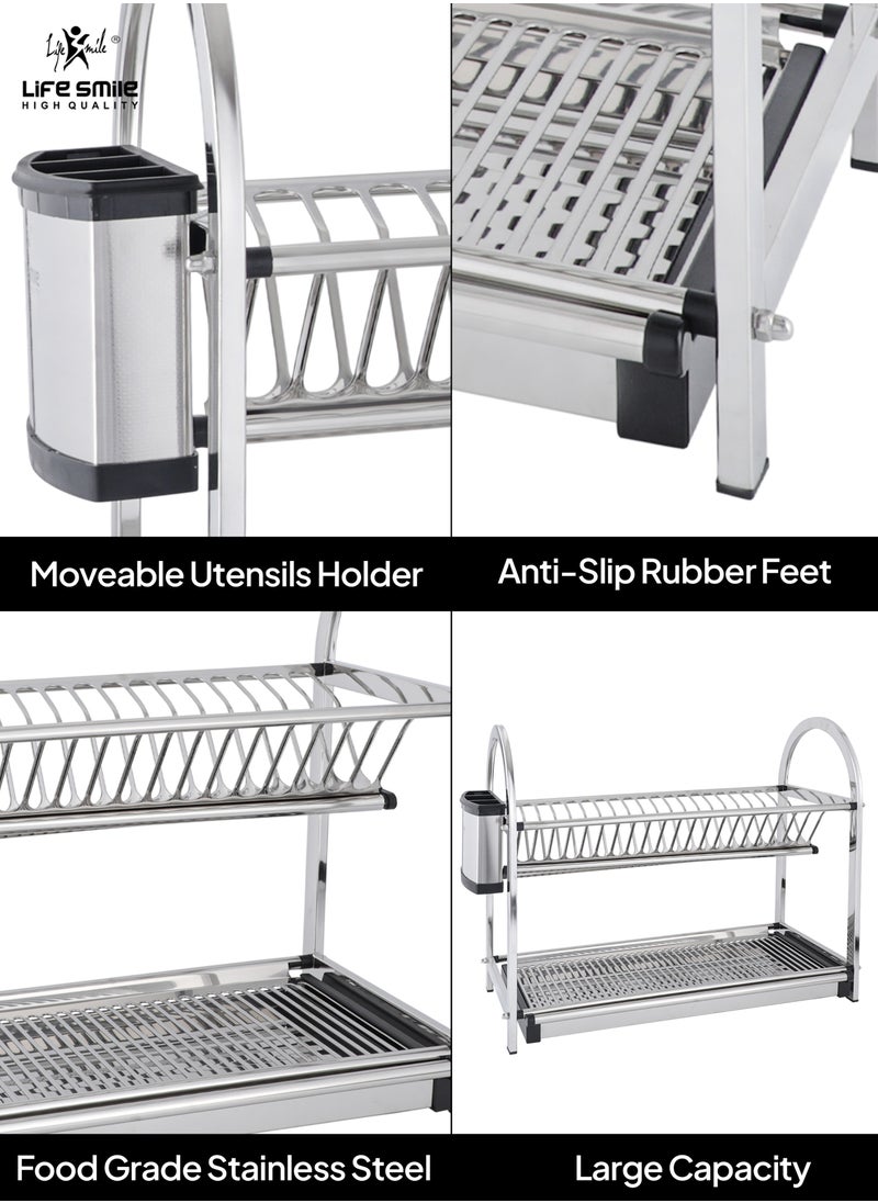 Life Smile - LIFE SMILE Dish Rack - 2 Tier Countertop Dish Drying Stand With Removable Drip Tray - 18/10 Stainless Steel with Removable Utensil Holder - Anti Slip and Rust Proof Dish Drainer - Image 1
