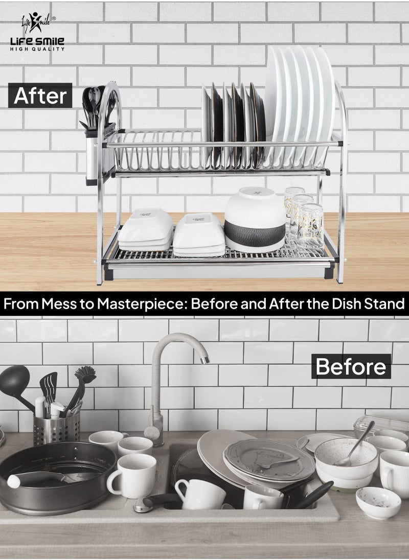 Life Smile - LIFE SMILE Dish Rack - 2 Tier Countertop Dish Drying Stand With Removable Drip Tray - 18/10 Stainless Steel with Removable Utensil Holder - Anti Slip and Rust Proof Dish Drainer - Image 1