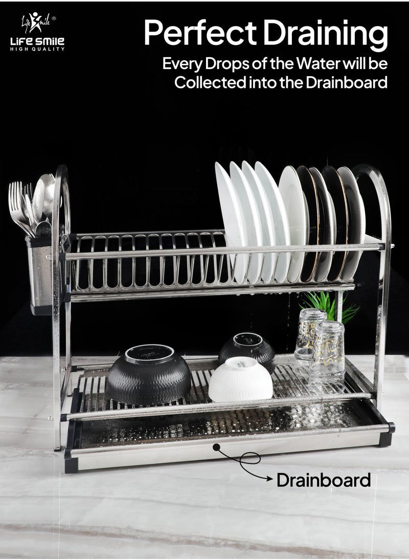 Life Smile - LIFE SMILE Dish Rack - 2 Tier Countertop Dish Drying Stand With Removable Drip Tray - 18/10 Stainless Steel with Removable Utensil Holder - Anti Slip and Rust Proof Dish Drainer - Image 1