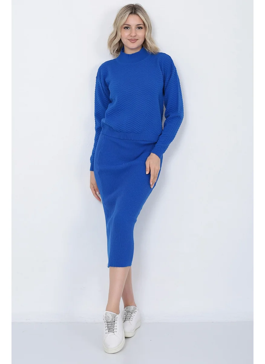 Lugmo Women's Knitwear Zigzag Striped Sweater and Skirt Set Oversize Blue
