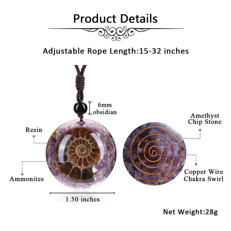 Jovivi Amethyst Reki Healing Crystal Necklace Round Circle Shape Ammonite Fossil Spiral Resin Chip Stones Pendant Necklace for Women Men Quartz Jewelry - Image 5