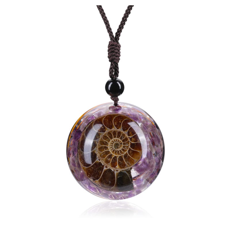 Jovivi Amethyst Reki Healing Crystal Necklace Round Circle Shape Ammonite Fossil Spiral Resin Chip Stones Pendant Necklace for Women Men Quartz Jewelry - Image 1