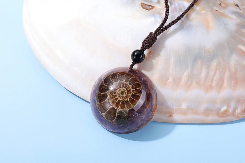 Jovivi Amethyst Reki Healing Crystal Necklace Round Circle Shape Ammonite Fossil Spiral Resin Chip Stones Pendant Necklace for Women Men Quartz Jewelry - Image 4