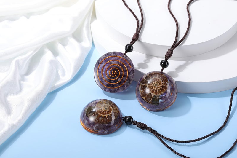 Jovivi Amethyst Reki Healing Crystal Necklace Round Circle Shape Ammonite Fossil Spiral Resin Chip Stones Pendant Necklace for Women Men Quartz Jewelry - Image 3