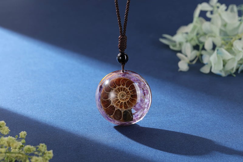 Jovivi Amethyst Reki Healing Crystal Necklace Round Circle Shape Ammonite Fossil Spiral Resin Chip Stones Pendant Necklace for Women Men Quartz Jewelry - Image 2