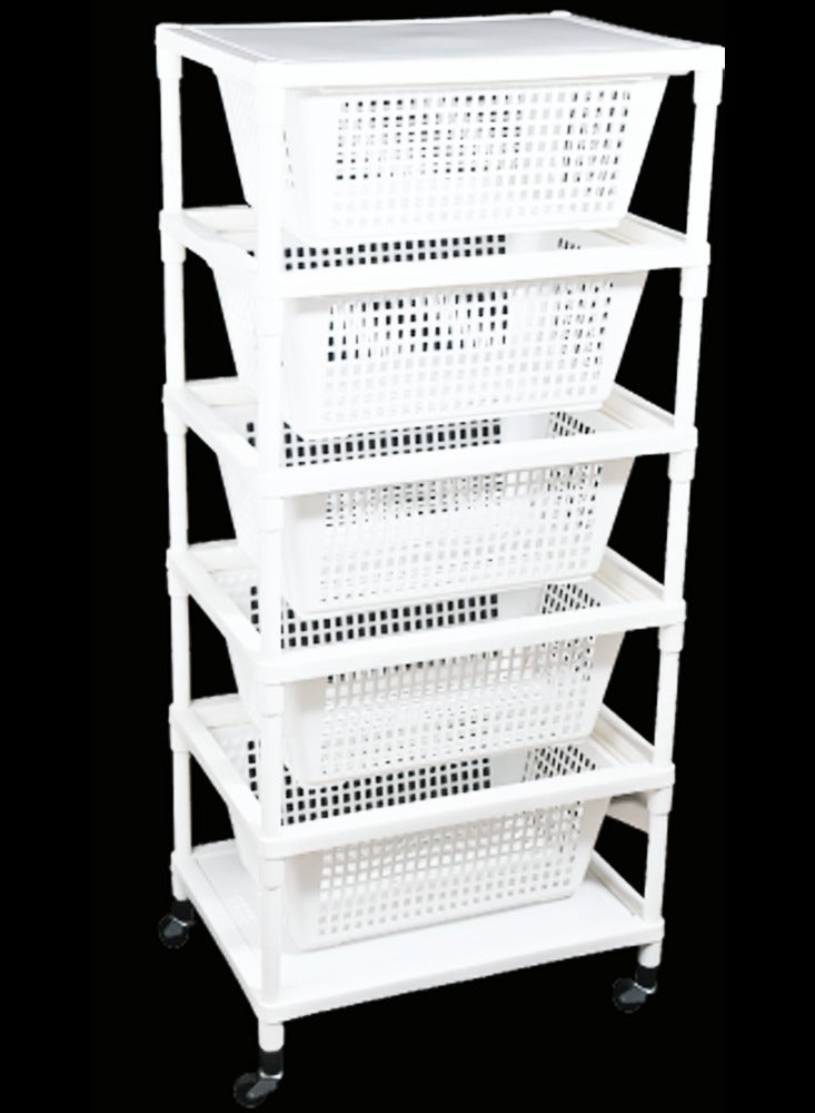 Rolling Storage Organizer with White Baskets and Wheels, Durable Plastic Frame, Versatile for Home and Office Organization  - Image 1