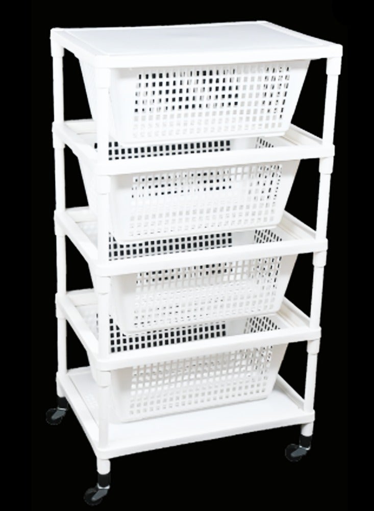 Rolling Storage Organizer with White Baskets and Wheels, Durable Plastic Frame, Versatile for Home and Office Organization  - Image 2