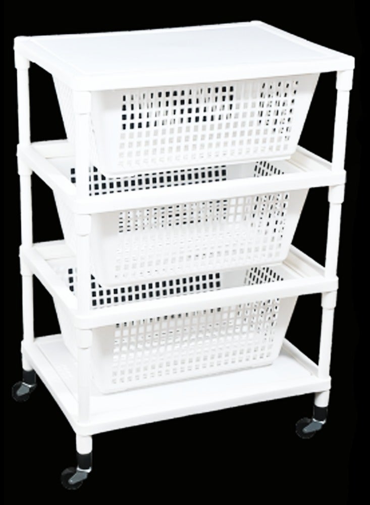 Rolling Storage Organizer with White Baskets and Wheels, Durable Plastic Frame, Versatile for Home and Office Organization  - Image 3