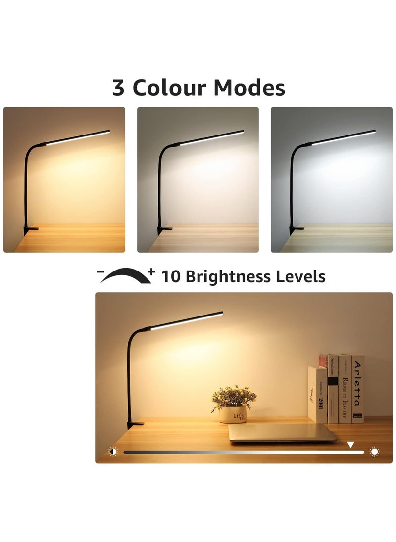 Desk Lamp Clip on Desk Light, for home office, 10 Brightness, 460 lumens, Dimmable USB Clamp Lamp, Adjustable Flexible Gooseneck Table Light for reading, study lamp for students, Black