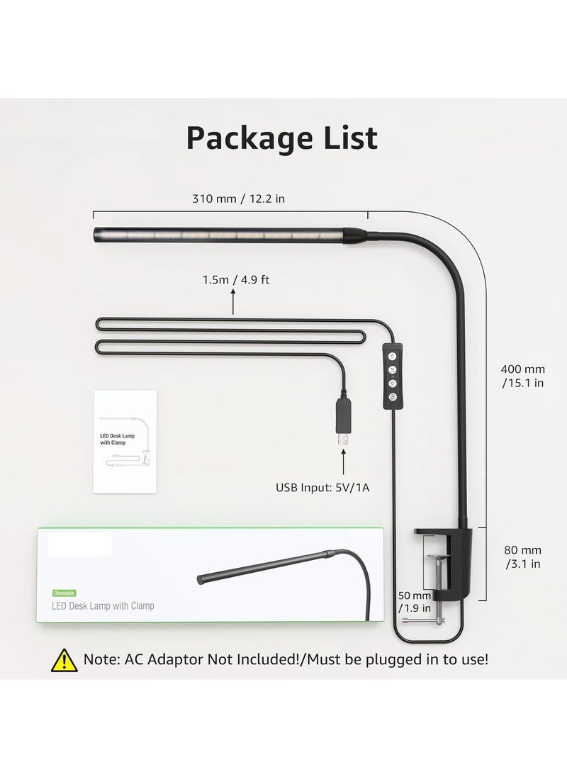 Desk Lamp Clip on Desk Light, for home office, 10 Brightness, 460 lumens, Dimmable USB Clamp Lamp, Adjustable Flexible Gooseneck Table Light for reading, study lamp for students, Black