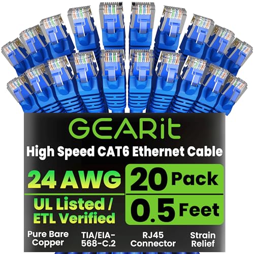 GearIT Cat 6 Ethernet Cable Pack - 20-Pack 0.5 ft Cat6 Ethernet Patch Cables | RJ45 Network Patch Cable, 10 Gbps Snagless Gold-Plated Connectors - Ethernet Cable Cat 6 for PC, TV, Router - Blue - Image 1