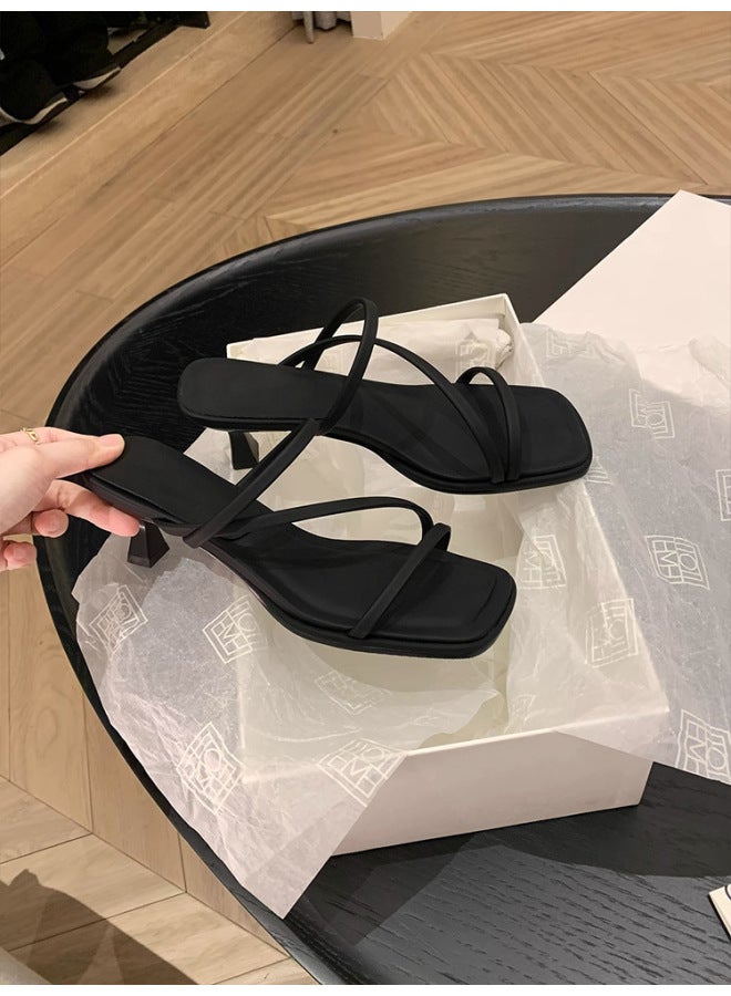 Grape Mom's Same Style  Summer French-style Thin Strap Square-toe High-heeled Sandals For Women, Versatile Mid-heel Sandals With Single Strap