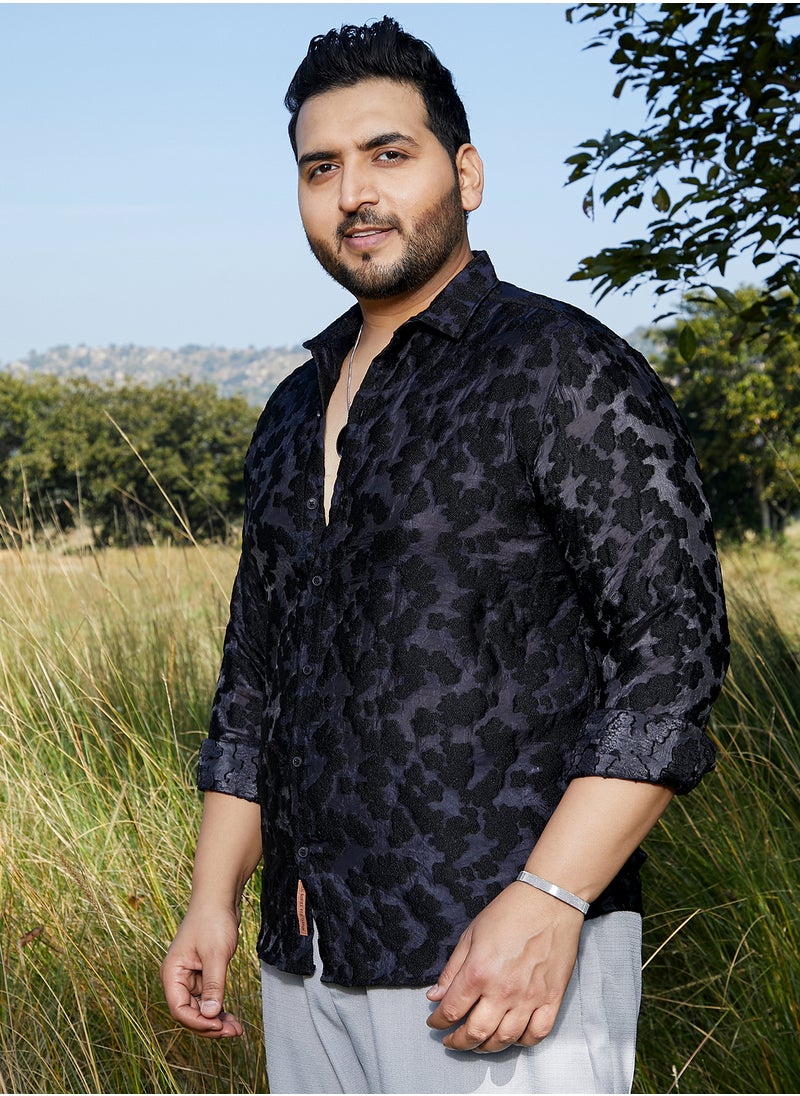 Instafab Plus Instafab Plus Men's Charcoal Grey Nimbus Dark-Tone Shirt For Casual Wear | Spread Collar | Long Cuffed Sleeves | Button Closure | Plus Size Shirt Crafted With Comfort Fit For Everyday Wear  - Image 3