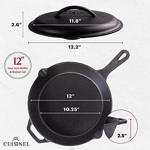 Cuisinel مقلاة كويزينيل من الحديد الزهر مع غطاء - مجموعة مقلاة مغطاة مقاس 12 بوصة مسبقة التتبيل + مقبض سيليكون وحوامل غطاء + مكشطة/منظف - أدوات طهي آمنة للاستخدام الداخلي/الخارجي، الفرن، الموقد، نار التخييم، الشواء - Image 2