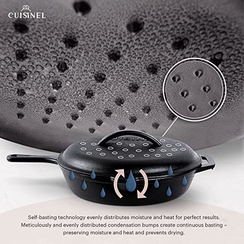 Cuisinel مقلاة كويزينيل من الحديد الزهر مع غطاء - مجموعة مقلاة مغطاة مقاس 12 بوصة مسبقة التتبيل + مقبض سيليكون وحوامل غطاء + مكشطة/منظف - أدوات طهي آمنة للاستخدام الداخلي/الخارجي، الفرن، الموقد، نار التخييم، الشواء - Image 4