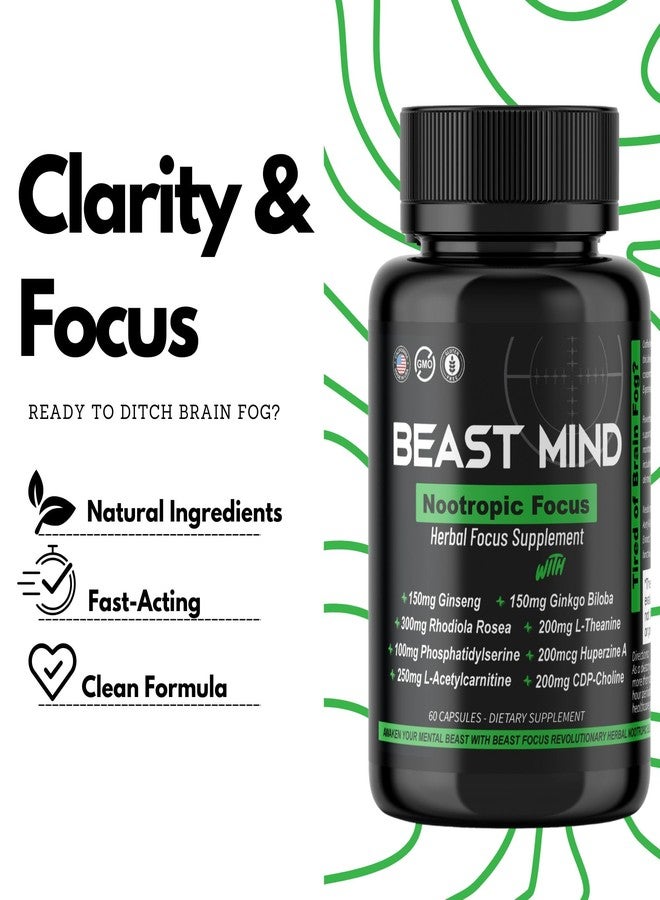 Beast Mind مزيج بيست مايند فوكس كلاريتي منشط للدماغ | الجنكة بيلوبا | هوبيرزين أ | روديولا | سيتيكولين | إل-ثيانين | مختبرات تعزيز التركيز والوضوح والوظائف الإدراكية - Image 2