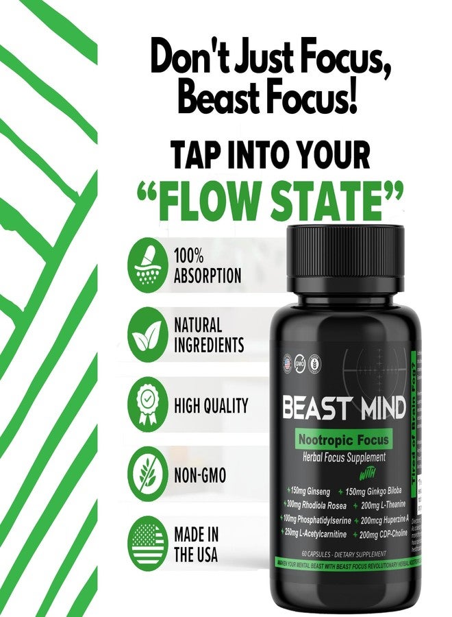 Beast Mind مزيج بيست مايند فوكس كلاريتي منشط للدماغ | الجنكة بيلوبا | هوبيرزين أ | روديولا | سيتيكولين | إل-ثيانين | مختبرات تعزيز التركيز والوضوح والوظائف الإدراكية - Image 3