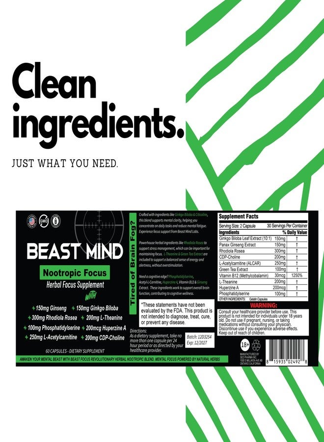 Beast Mind مزيج بيست مايند فوكس كلاريتي منشط للدماغ | الجنكة بيلوبا | هوبيرزين أ | روديولا | سيتيكولين | إل-ثيانين | مختبرات تعزيز التركيز والوضوح والوظائف الإدراكية - Image 4