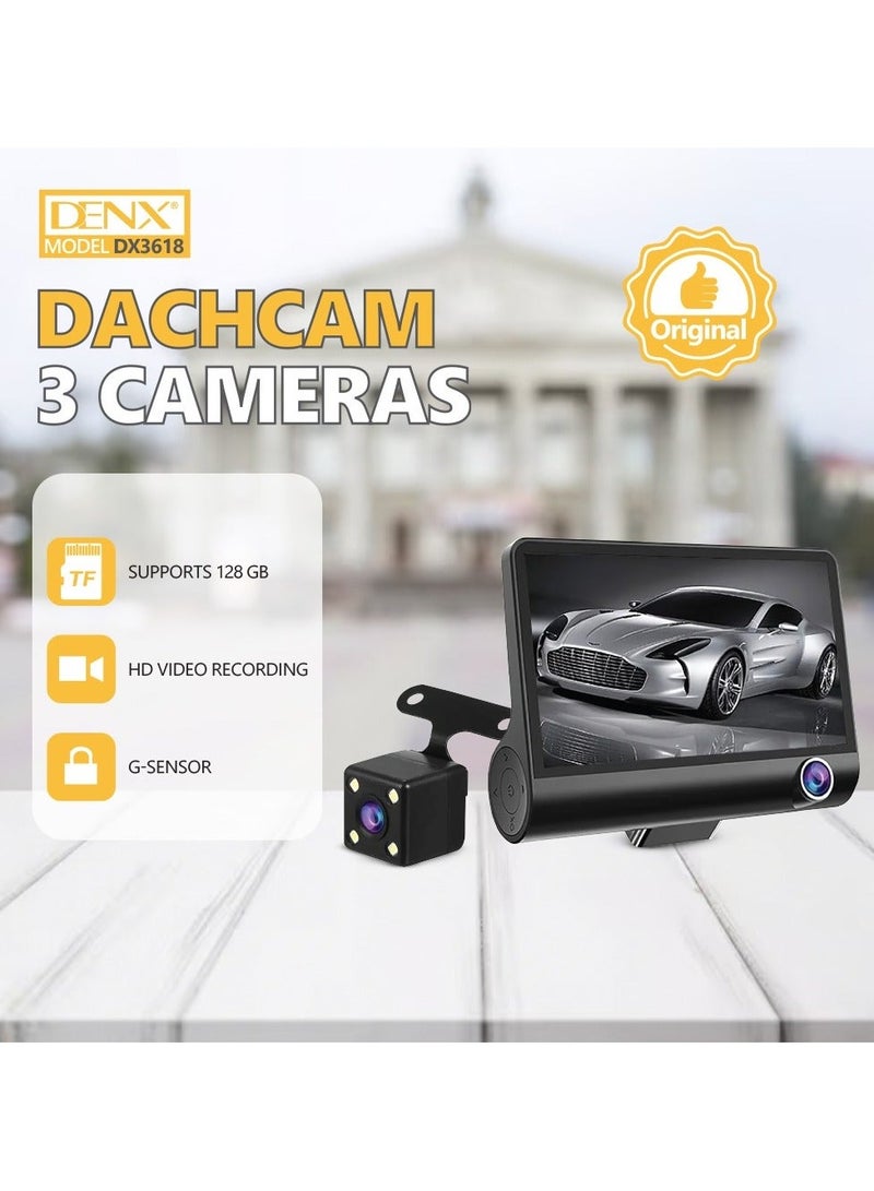 Denx Triple Lens Smart Car Camera - 4-inch FHD 1080P Screen with Night Vision and Parking Monitoring - Image 1