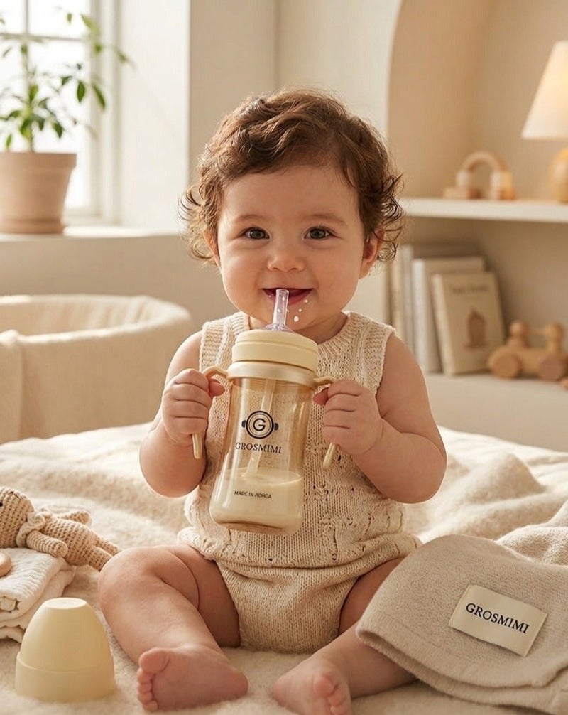 GROSMIMI Spill Proof no Spill Magic Sippy Cup with Straw with Handle for Baby and Toddlers, Customizable, PPSU, BPA Free 10 oz (Butter) - Image 1