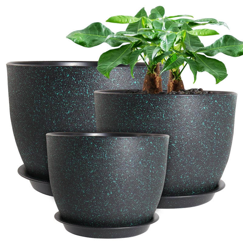 UOUZ 12/10/9 Large Modern Plant Pots, Plastic Planters with Drainage Holes and Saucers for Indoor Outdoor Plants Flowers, Black with Green Speckles - Image 1