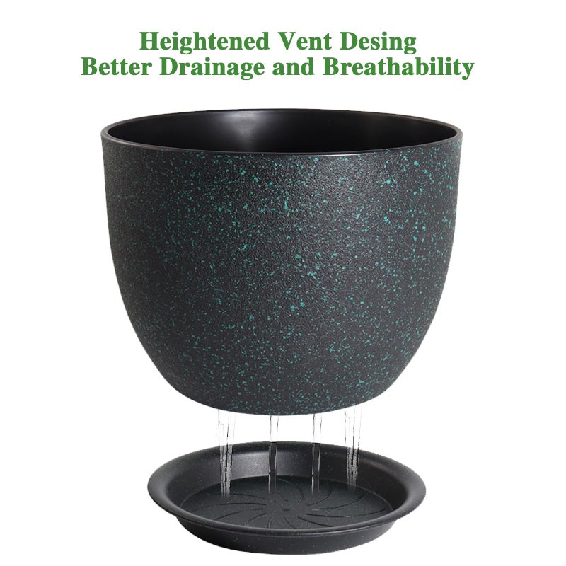 UOUZ 12/10/9 Large Modern Plant Pots, Plastic Planters with Drainage Holes and Saucers for Indoor Outdoor Plants Flowers, Black with Green Speckles - Image 3