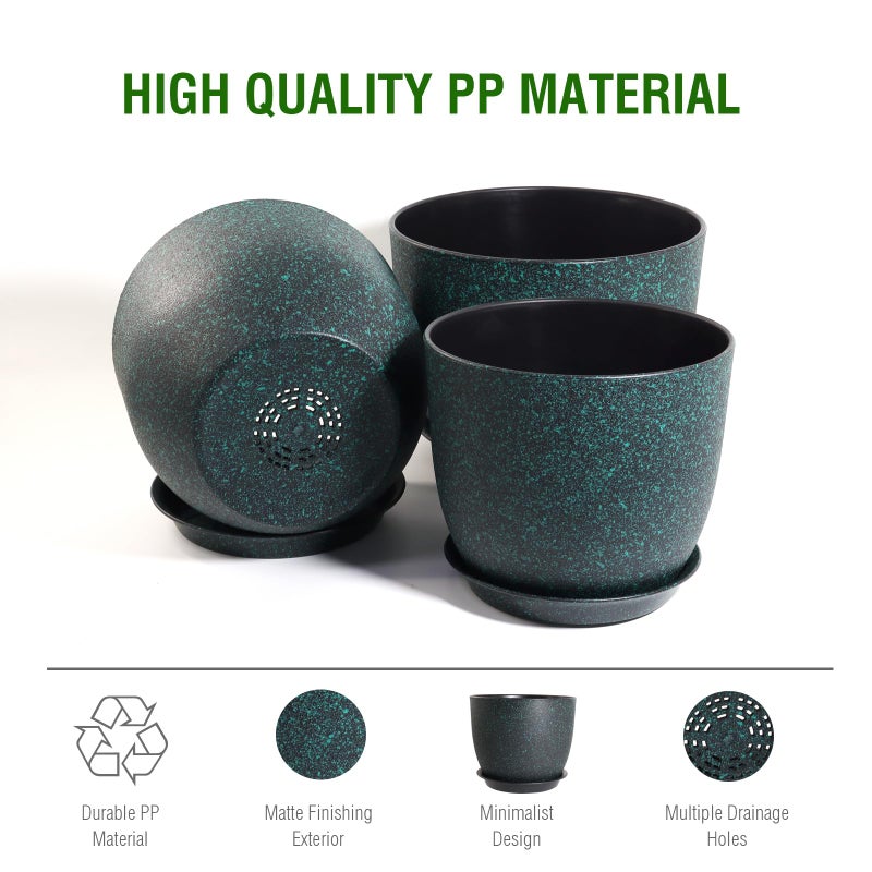 UOUZ 12/10/9 Large Modern Plant Pots, Plastic Planters with Drainage Holes and Saucers for Indoor Outdoor Plants Flowers, Black with Green Speckles - Image 4