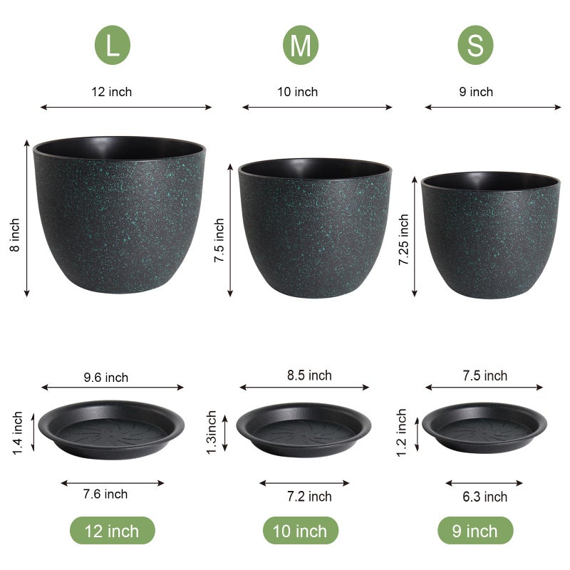 UOUZ 12/10/9 Large Modern Plant Pots, Plastic Planters with Drainage Holes and Saucers for Indoor Outdoor Plants Flowers, Black with Green Speckles - Image 2