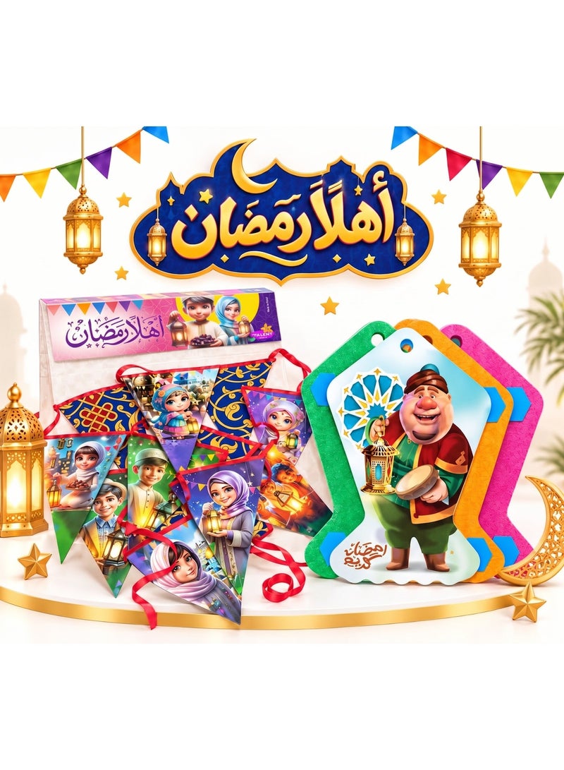 أهلاً رمضان – باكدج زينة رمضان 3 قطع، موتيفات فوم شخصيات رمضان ميني وجامبو + فرع زينة 5 متر
