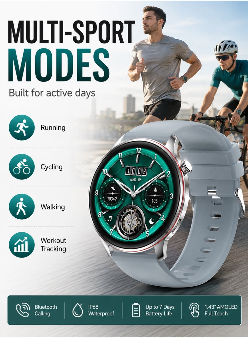 Starfire Smart Watch with 1.43" AMOLED Display, Bluetooth Calling, Fitness Tracking, Heart Rate Sensor, IP68 Water Resistant, Android & iOS Compatible, Long Battery Life, Silver - Image 4