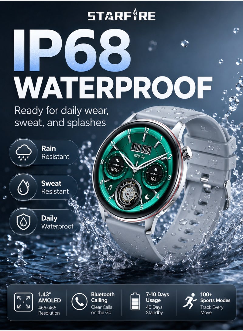 Starfire Smart Watch with 1.43" AMOLED Display, Bluetooth Calling, Fitness Tracking, Heart Rate Sensor, IP68 Water Resistant, Android & iOS Compatible, Long Battery Life, Silver - Image 3