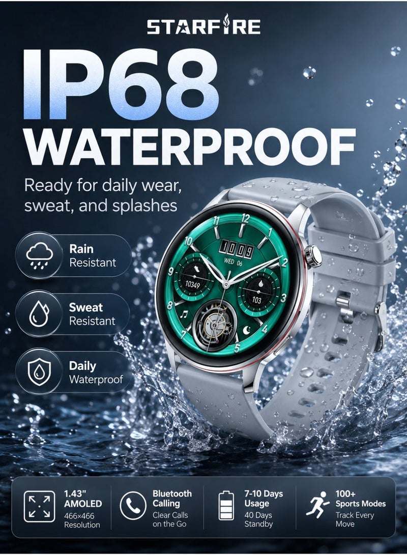 Starfire Smart Watch with 1.43" AMOLED Display, Bluetooth Calling, Fitness Tracking, Heart Rate Sensor, IP68 Water Resistant, Android & iOS Compatible, Long Battery Life, Silver - Image 4