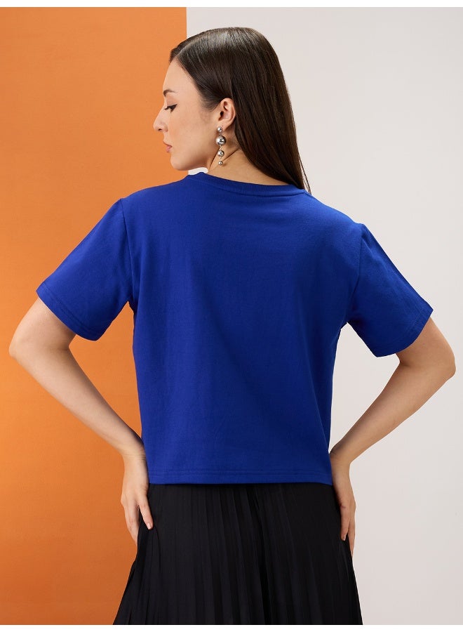 globus Globus Women Blue Embroidered Typography Round Neck Short Sleeves Boxy Fit Crop T-Shirt - Image 3