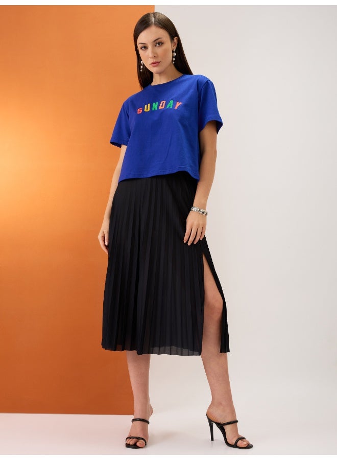 globus Globus Women Blue Embroidered Typography Round Neck Short Sleeves Boxy Fit Crop T-Shirt - Image 5