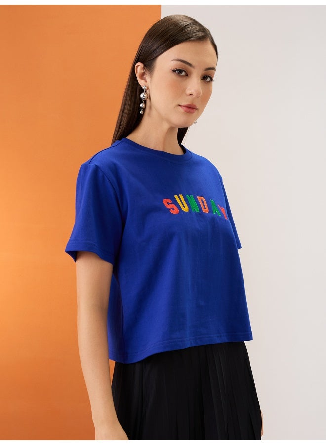 globus Globus Women Blue Embroidered Typography Round Neck Short Sleeves Boxy Fit Crop T-Shirt - Image 2