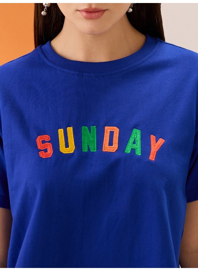 globus Globus Women Blue Embroidered Typography Round Neck Short Sleeves Boxy Fit Crop T-Shirt - Image 4