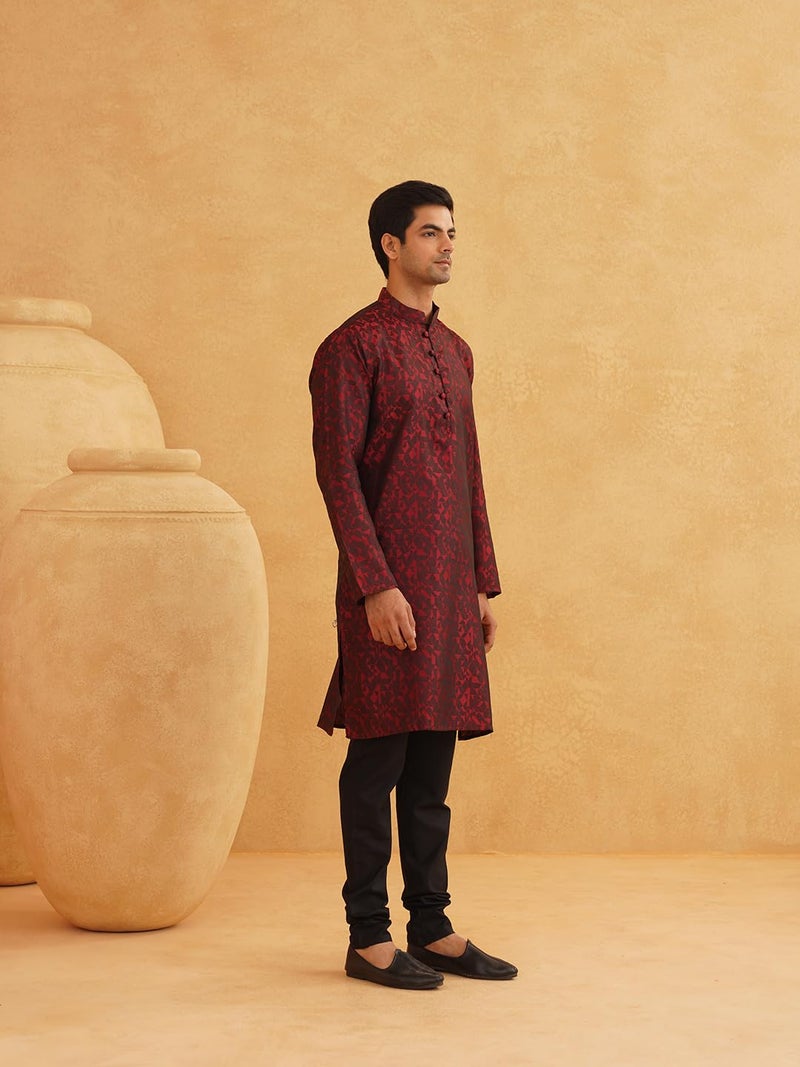Sojanya (Since 1958 Men'S Maroon Jackquard Silk Only Long Kurta, Size 40 - Image 2