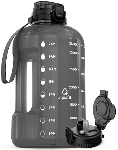 AQUAFIT 1 Gallon Water Jug with Time Marker - BPA Free 128 oz Gym Water Bottle with Straw, Handle, Gray - Image 1